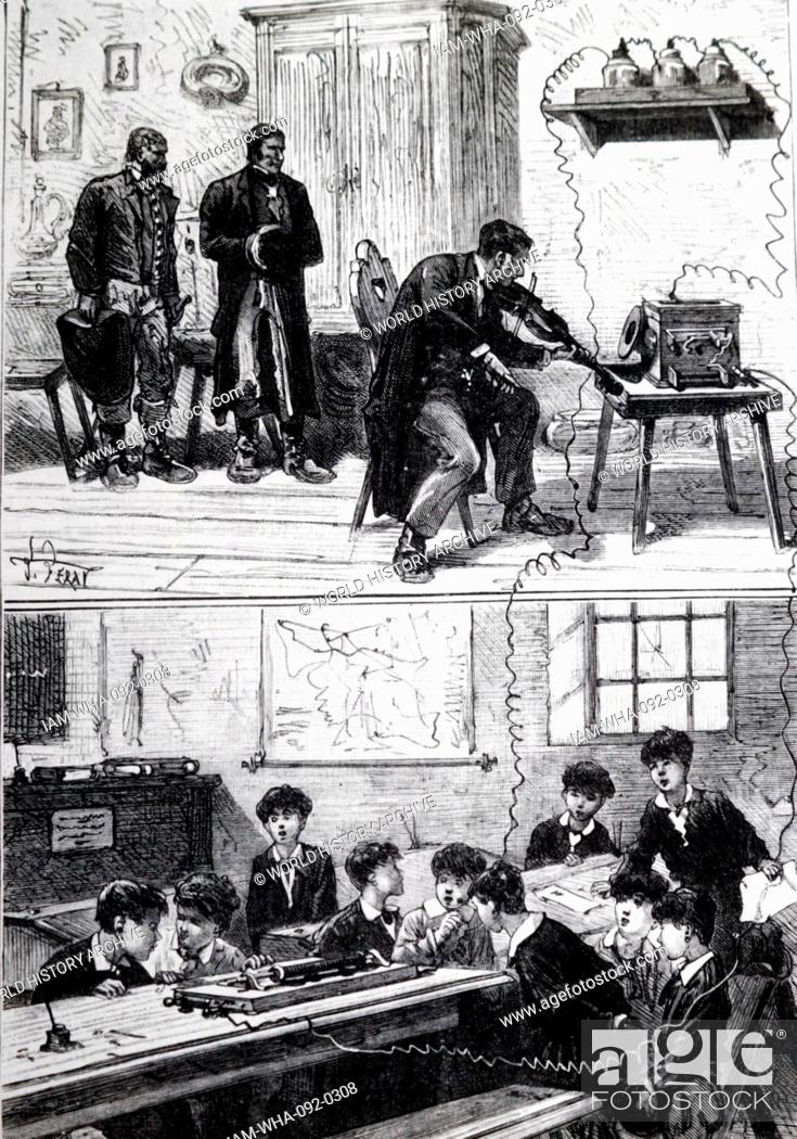 Stock Photo: Philipp Reis, a German school teacher, demonstrating his (musical) telephone. Dated 1861.