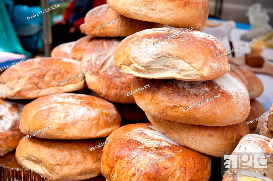 Stock Photo: Presentation of bakery products, Heap of breads variety at festival of world breads, nobody, Warsaw, Poland, March 23, 2014,.