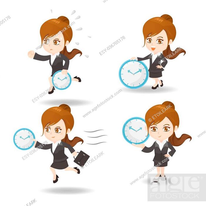 cartoon illustration set of Success and excited Business woman hold clock,  Stock Vector, Vector And Low Budget Royalty Free Image. Pic. ESY-036705178  | agefotostock