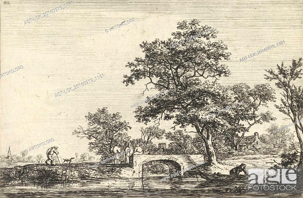 Stock Photo: Figures at a stone bridge, print maker: Anthonie Waterloo, Justus Danckerts, 1630 - 1663 and/or 1630 - 1765.