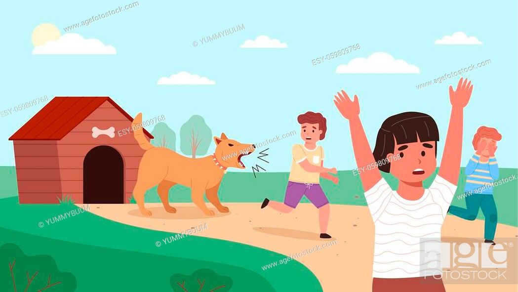 Kids run away from dog. Children fears. Cartoon little boys terrified,  Stock Vector, Vector And Low Budget Royalty Free Image. Pic. ESY-059809768  | agefotostock