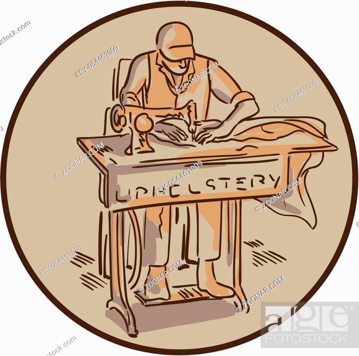 Drawing sketch style illustration of a tailor machinist upholsterer sewing  with sewing machine..., Stock Photo, Picture And Low Budget Royalty Free  Image. Pic. ESY-054461009 | agefotostock