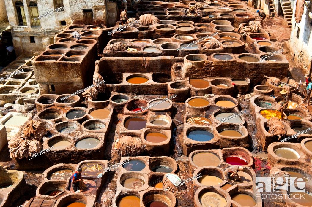 Stock Photo: Traditional tanneries with dying vats, old town or medina of Fez or Fes, UNESCO World Heritage Site, Morocco, Africa.