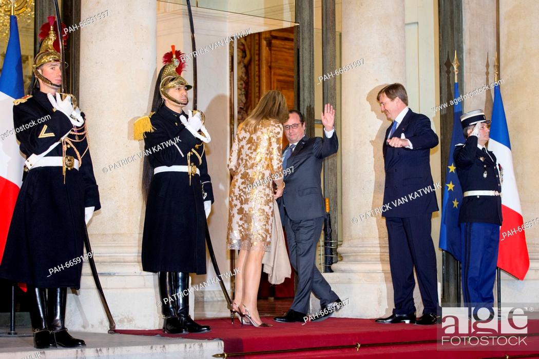 Stock Photo: French president Francois Hollande host an state banquet to honor King Willem-Alexander and Queen Maxima of The Netherlands at the Elysee Palace in Paris.