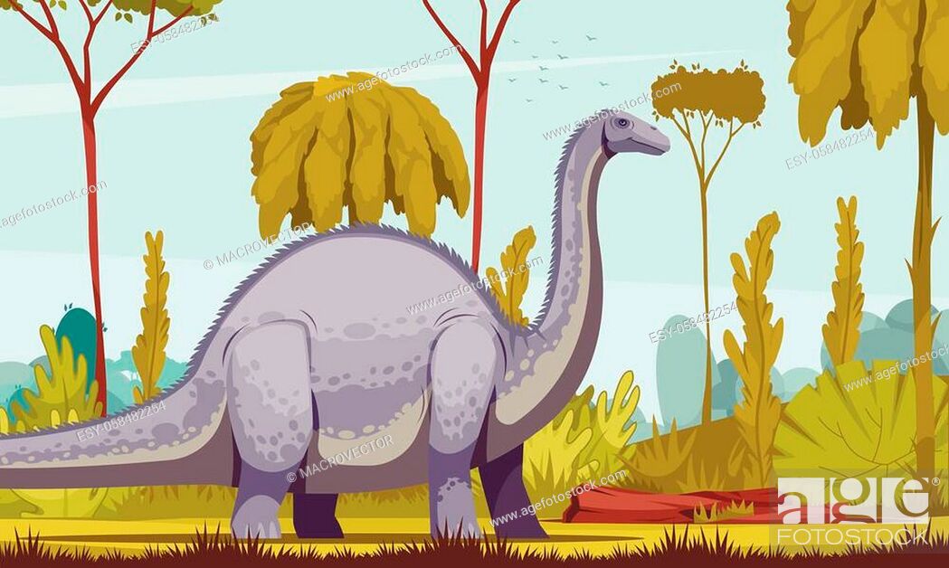 Stock Vector: Dinosaurs horizontal vector illustration with diplodocus cartoon image as longest and largest herbivorous dinosaur.