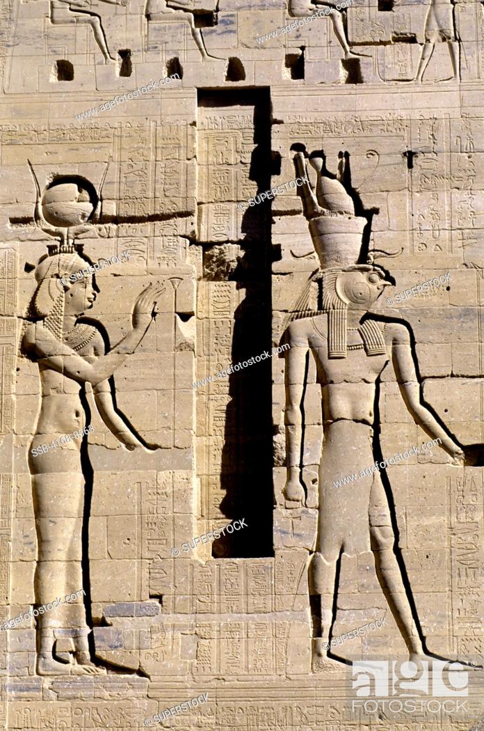 Stock Photo: Egypt, Aswan, Nile River, Agilkia Island, Philae, Relief Carving.