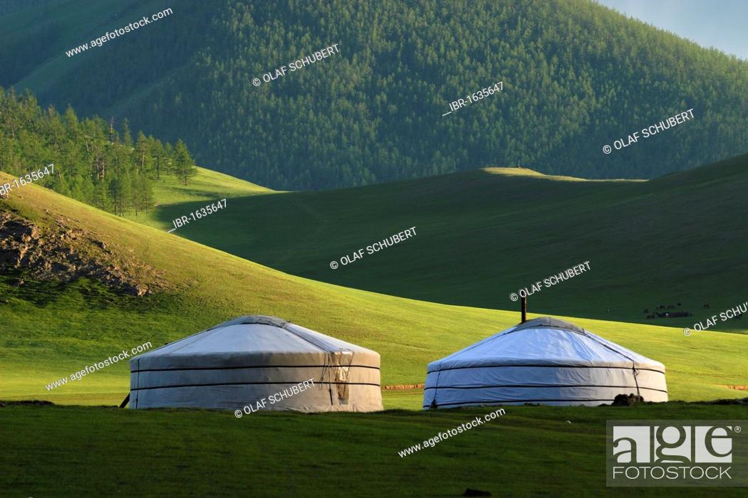 Stock Photo: Yurt camp or ger camp, in the grasslands at the Orkhon waterfall in front of the mountains of the Khuisiin Naiman Nuur Nature Reserve, Orkhon Khuerkhree.