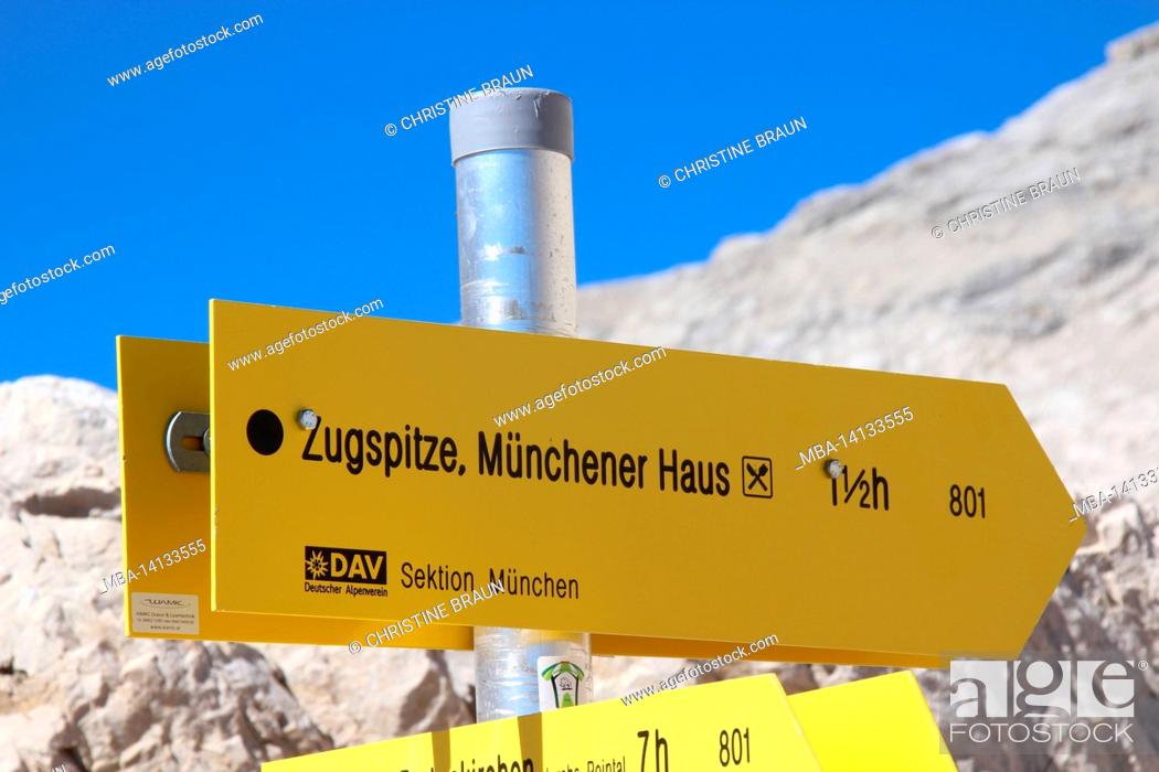 Stock Photo: hike to zugspitze 2962 m, signpost zugspitze, munich house, wetterstein mountains garmisch-partenkirchen, upper bavaria, bavaria, southern germany, germany.