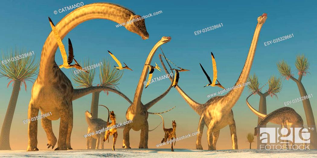 Stock Photo: Dilophosaurus and Pterosaurs join a Diplodocus dinosaur herd on their search for food.