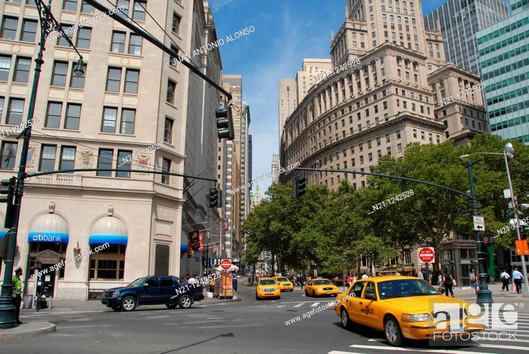 Stock Photo: Broadway at Battery Place , Financial District, Downtown Manhattan, New York, New York. USA.