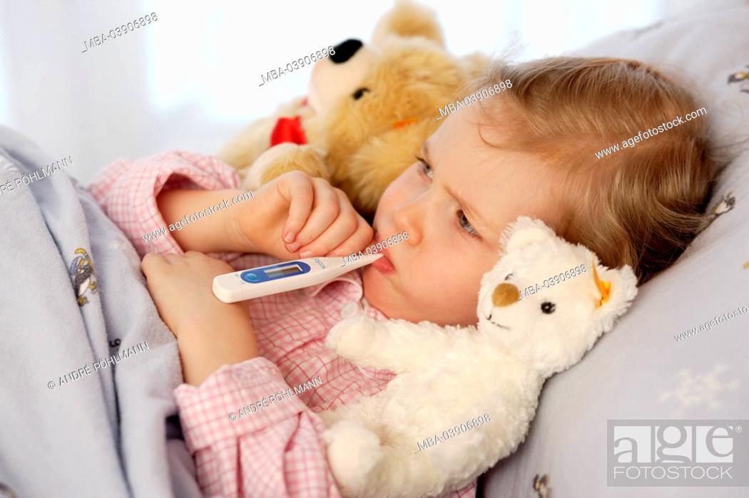 Stock Photo: girl, sick, bed, lie, fever-fairs, portrait, lateral,.