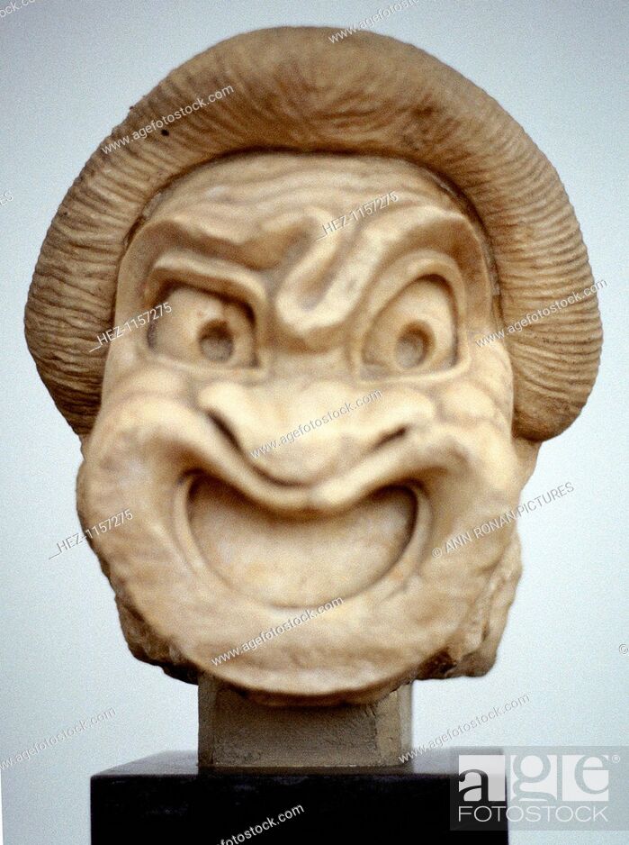Stock Photo: Carving of a mask used in Ancient Greek theatrical comedy, 3rd century BC.