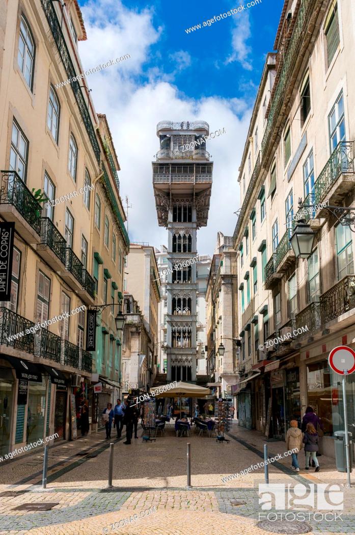Stock Photo: Lisbon, Portugal March 24, 2013: Santa Justa elevator in Lisbon, Portugal on July 27, 2013. The elevator was built by Raoul Mesnard in 1902 to connect Baixa.