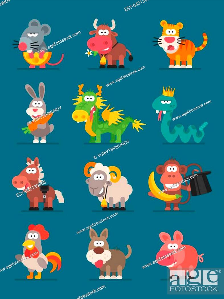 12 Animals Chinese Zodiac. Vector illustration. Set Characters. Mascot  Pack, Stock Vector, Vector And Low Budget Royalty Free Image. Pic.  ESY-043139868 | agefotostock