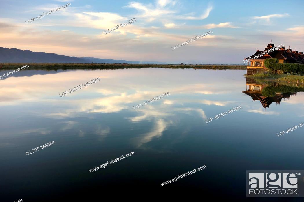 Stock Photo: Lake Inle Resort in Myanmar at dusk.