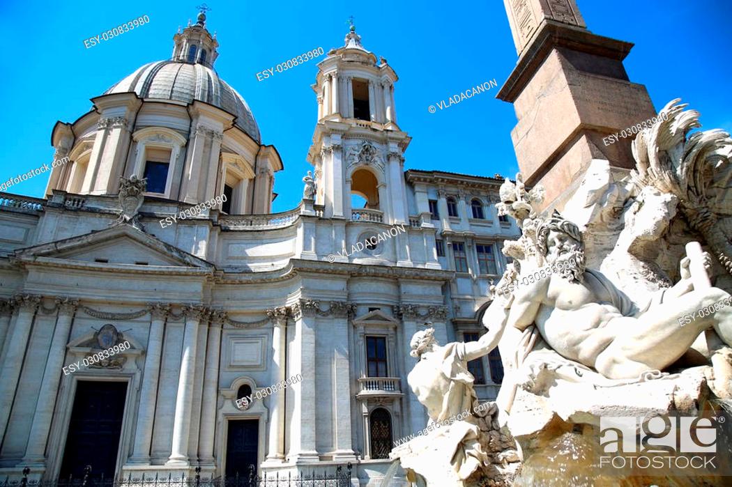 Stock Photo: Saint Agnese in Agone with Egypts obelisk in Piazza Navona, Rome, Italy.