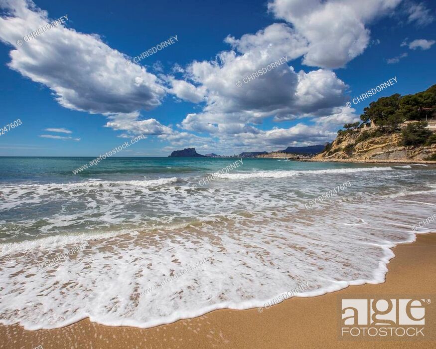 Stock Photo: The view from El Portet Beach, also known as Playa del Portet or Cala El Portet in Moraira, the Costa Blanca region of Spain.