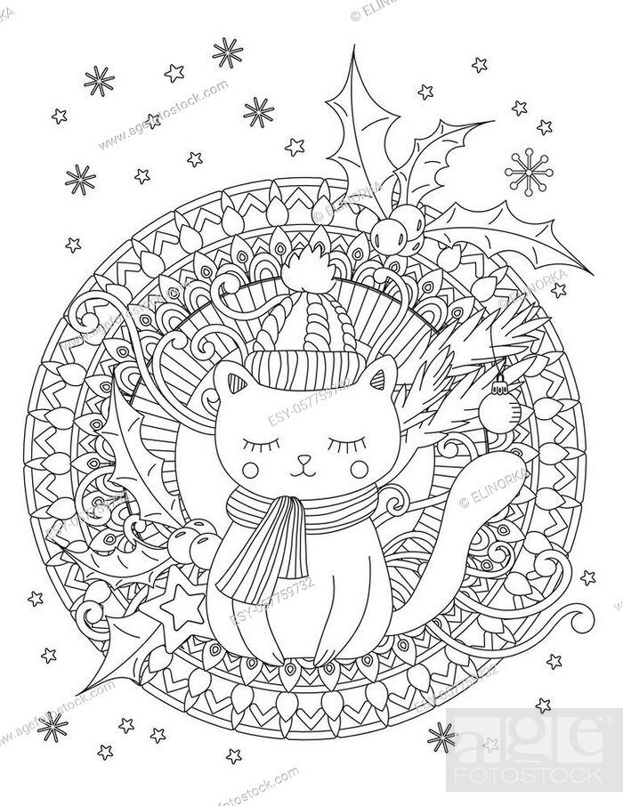 Christmas coloring page. Adult coloring book. Cute cat with scarf ...