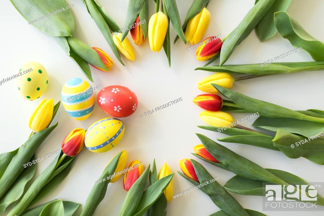 Stock Photo: close up of colored easter eggs and tulip flowers.