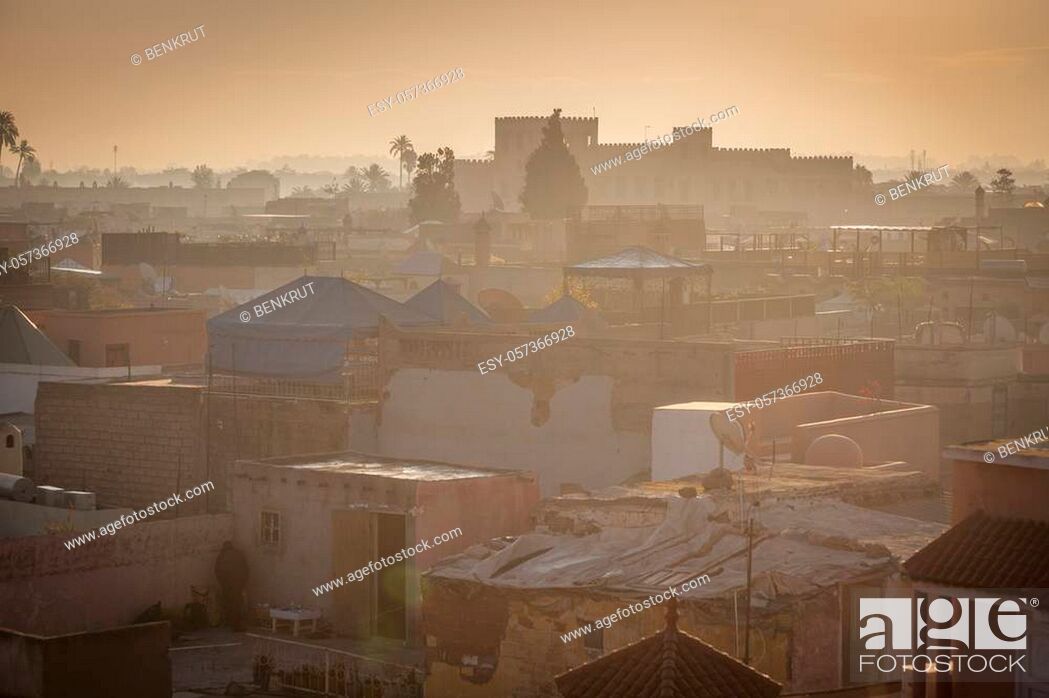 Stock Photo: Panorama of Marrakesh at sunrise. Marrakesh, Marrakesh-Safi, Morocco.