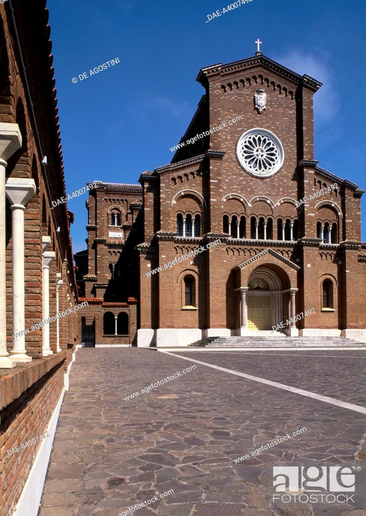Stock Photo: Facade of the Basilica of St Theresa of the Child Jesus, 1939, Anzio, Lazio, Italy.