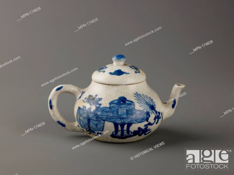 Stock Photo: Small covered wine pot or teapot. Artist: Chinese , Qing Dynasty, Kangxi period; Date: 1662-1722; Culture: Chinese; Medium: Soft-paste type porcelain painted in.