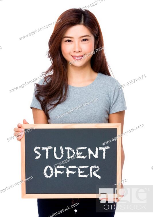 Stock Photo: Young woman with chalkboard showing student offer.