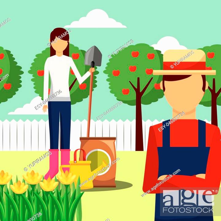 Vecteur de stock: gardener man and woman with shovel potting soil and apple trees vector illustration.