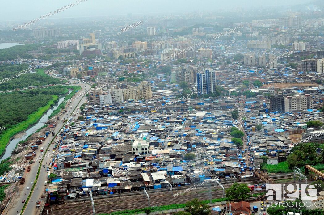 Stock Photo: aerial view of dharavi slum , Bombay Mumbai , Maharashtra , India.