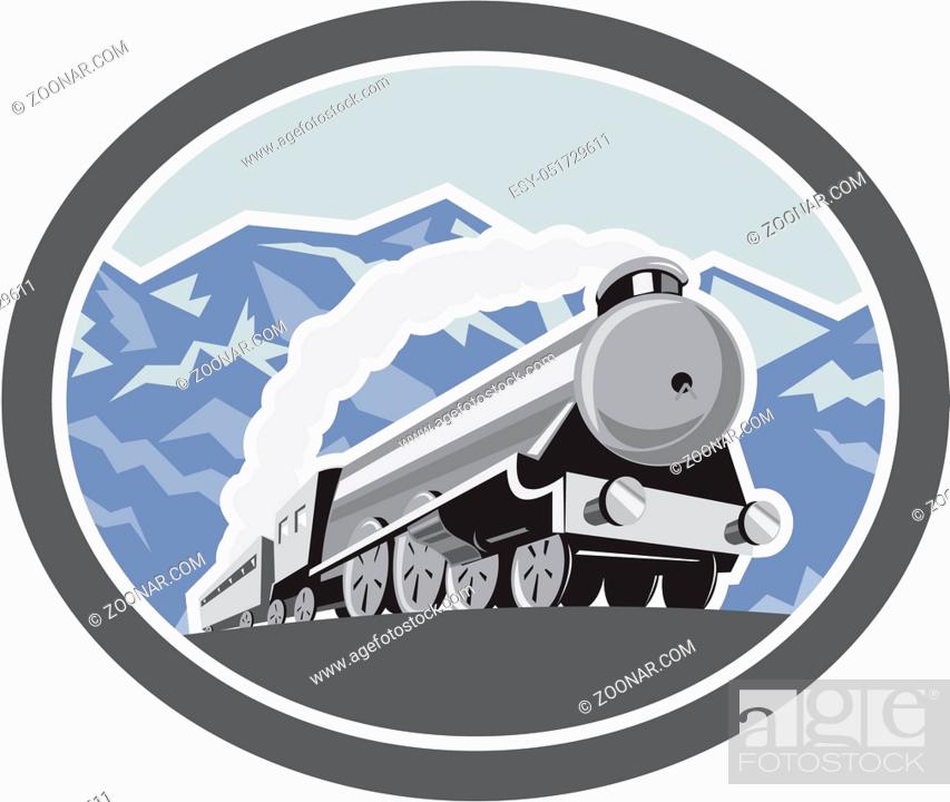Photo de stock: Illustration of a steam train locomotive traveling with mountains in background viewed from front set inside oval shape done in retro style.