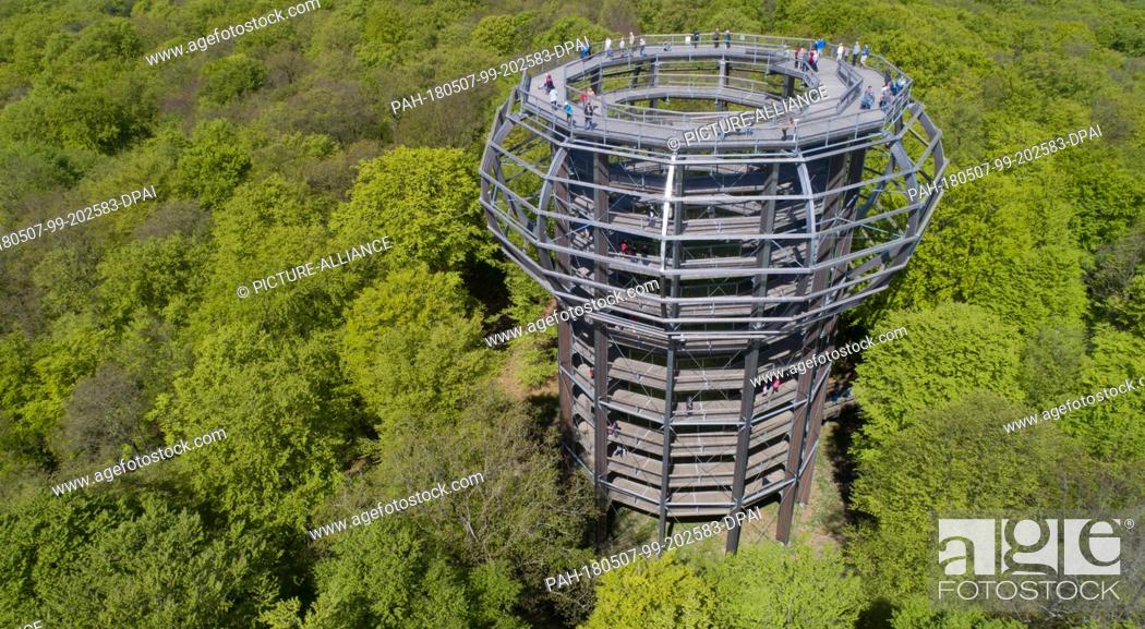 Stock Photo: 05 May 2018, Germany, Prora: Tourists are on the 40-metre-high observation deck, the heart of the 1250-metre-long treetop walk.