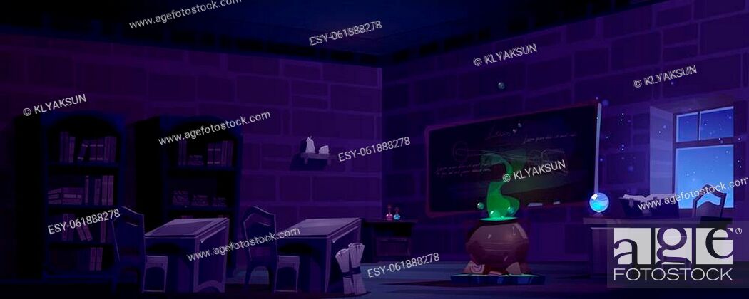 Magic school classroom with cauldron, chalkboard and bookcases at night,  Stock Vector, Vector And Low Budget Royalty Free Image. Pic. ESY-061888278  | agefotostock