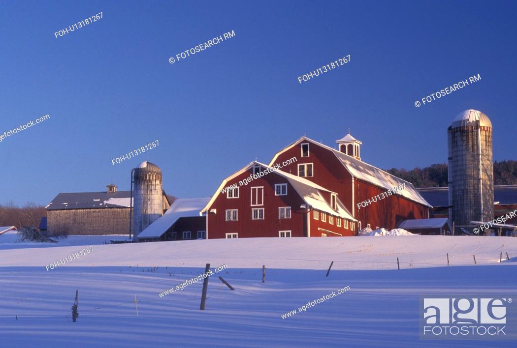 farm, red barn, Vermont, VT, Red barn on a farm in winter in Barnet, Stock Picture And Rights Managed Image. Pic. FOH-U13181267 | agefotostock