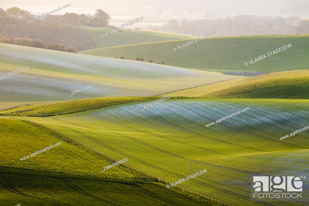 Stock Photo: Sunrise in South Downs National Park in West Sussex, England.