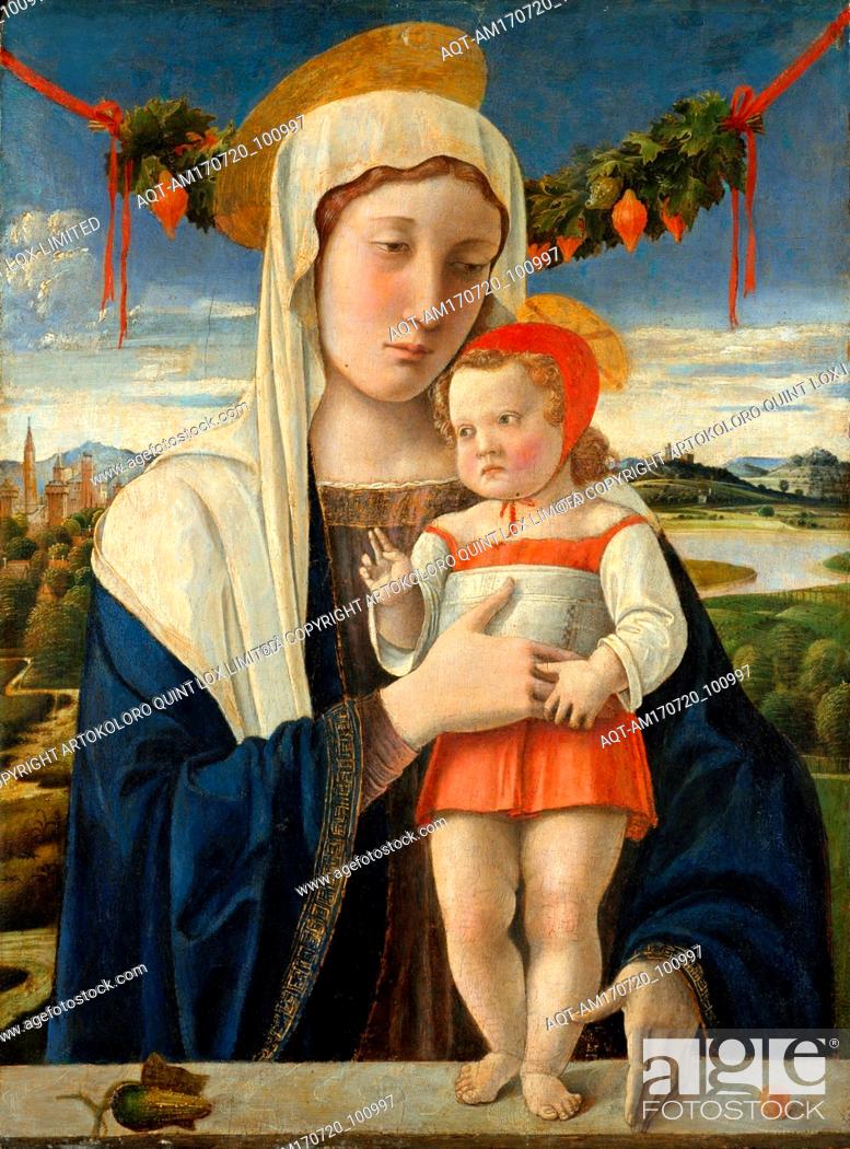 Stock Photo: Madonna and Child, ca. 1470, Tempera, oil, and gold on wood, 21 1/4 x 15 3/4 in. (54 x 40 cm) (31 x 26 inches framed), Paintings, Giovanni Bellini (Italian.