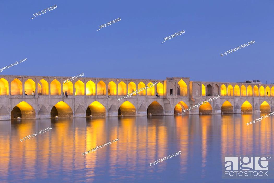 Stock Photo: Pol-e Si-o-Seh bridge, or Si-o-Seh bridge, at dusk, Esfahan, Iran.