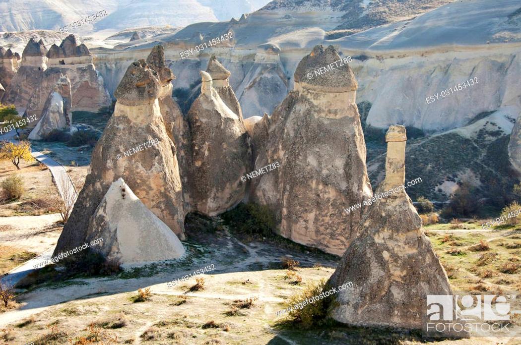 Stock Photo: The Fairy Chimney rock formations in Monks Valley (Pasabag) in Cappadocia.