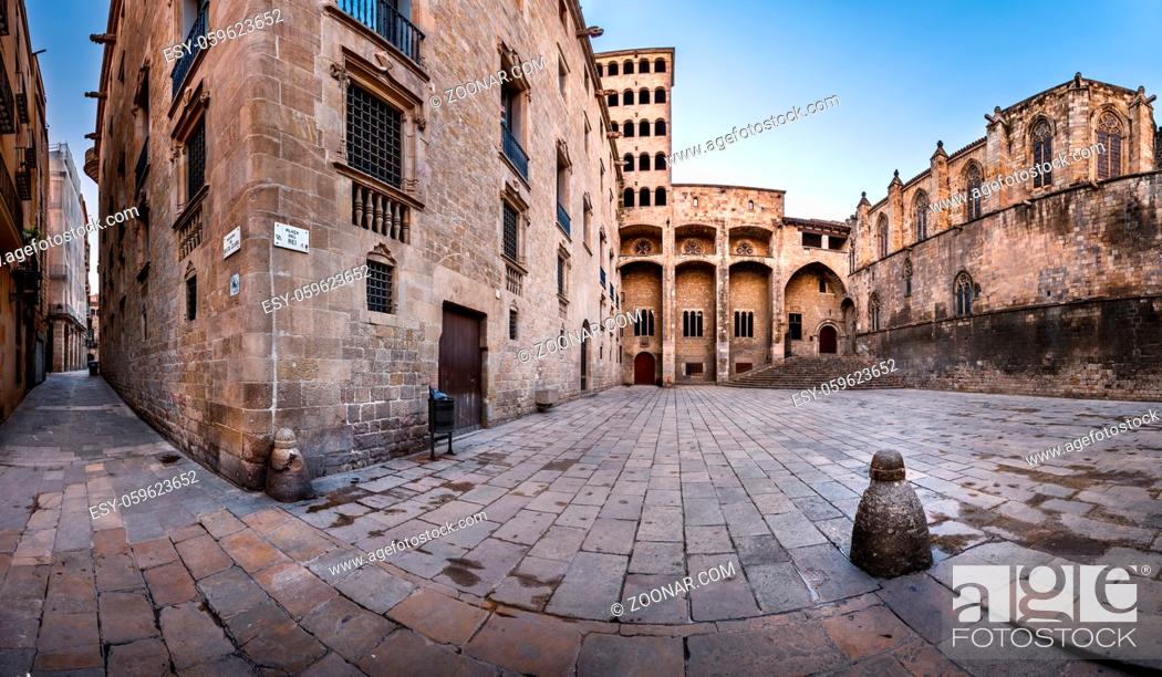 Stock Photo: Torre Mirador and Palau del Lloctinent at Placa del Rei in the Morning in Barcelona, Catalonia, Spain.