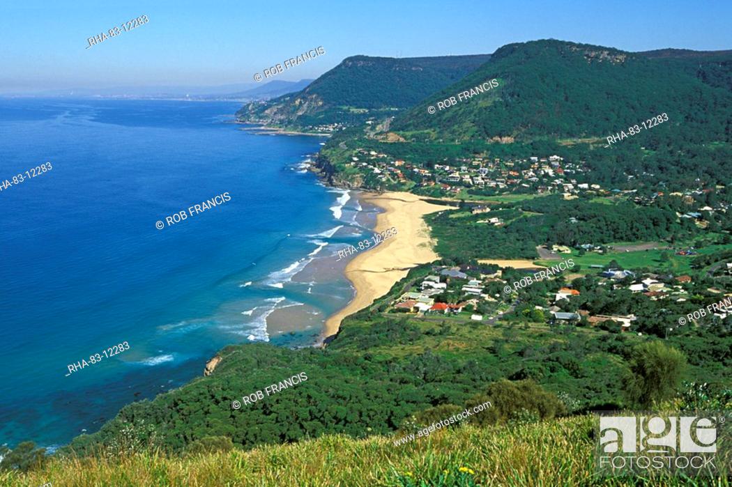 Stock Photo: Looking south west from Bald Hill over Stanwell Park beach towards the Illawara Escarpment and Wollongong, Stanwell Park, New South Wales, Australia, Pacific.