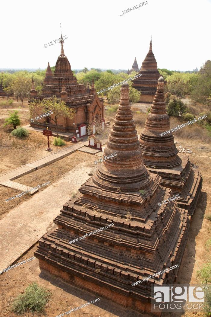 Stock Photo: View of stupas and temples near Alotawpyae temple, Old Bagan and Nyaung U village area, Mandalay region, Myanmar, Asia.