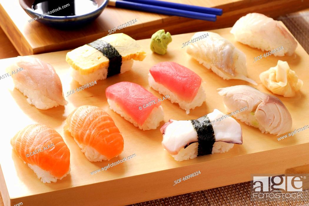 Stock Photo: Color Image, Asian, Easy, Fish, Asia, Tradition, Dish, Raw, Prepared, Spice, Express, Salmon, Carbohydrate, Subject, Classical, Japanese, Rice, Selection, Balanced, Ginger, Cheap, Octopus, Tuna, Mackerel, Sushi, Bream, Seabream, Beige, Squid, Wasabi