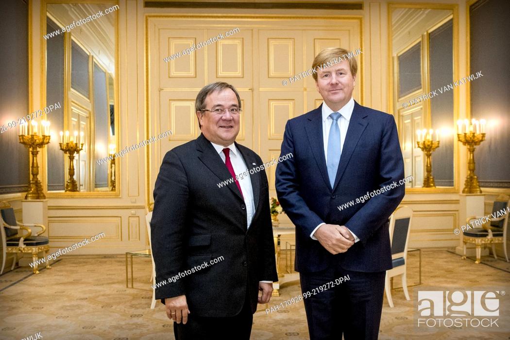 Stock Photo: King Willem-Alexander (r) of The Netherlands welcomes prime minister Armin Laschet of German state North Rhine-Westphalia for an audience at Palace Noordeinde.