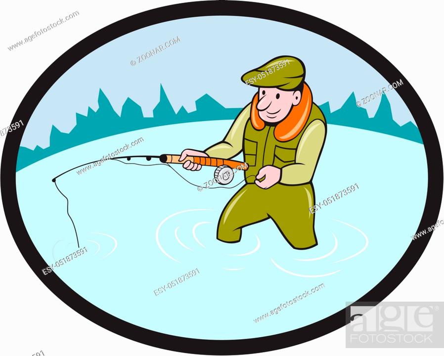 Stock Photo: Illustration of a fly fisherman casting fly fishing rod viewed from the side set inside oval shape with mountains in the background done in cartoon style.