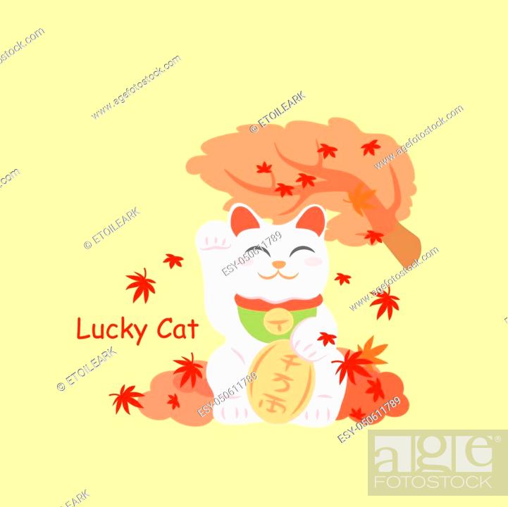 Stock Vector: Japanese lucky cat MANEKI NEKO and maple in th autumn.