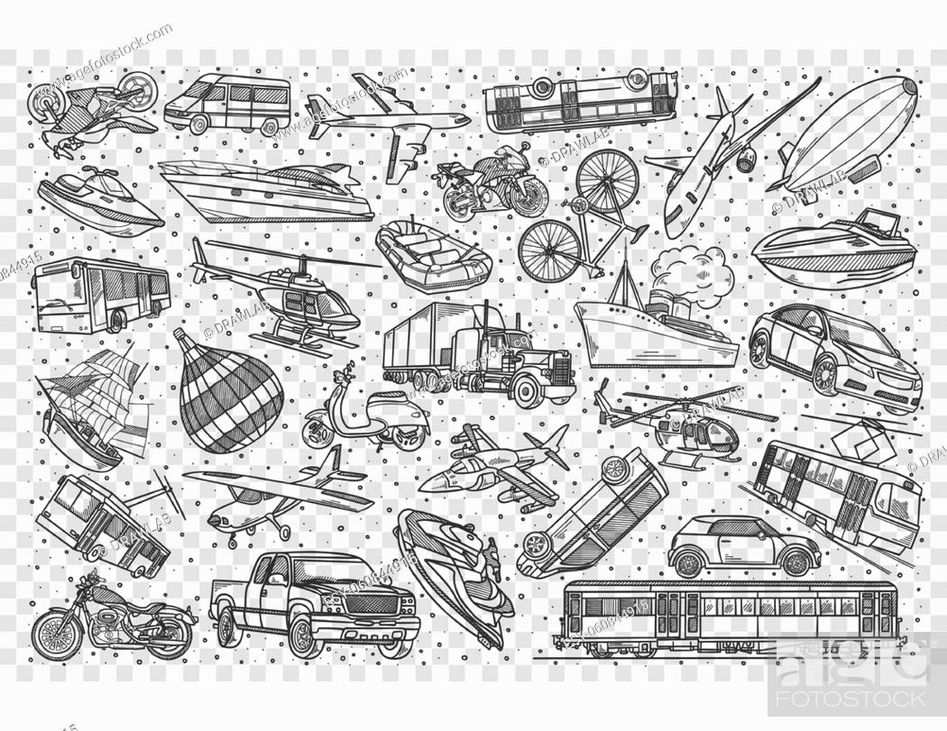 Stock Vector: Transport doodle set. Collection of hand drawn pattern templates sketches of vehicles cars automobiles trucks trains planes boats on transparent background.