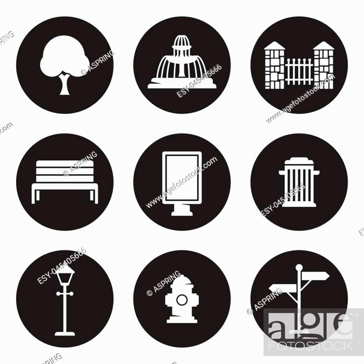 Stock Vector: Outdoor, park elements icons set. White on a black background.