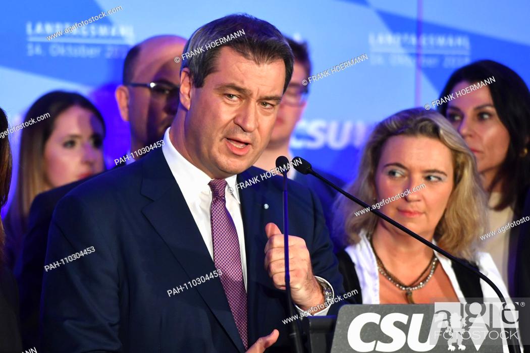 Stock Photo: Markus SOEDER (Minister President of Bavaria), visibly beaten and stranded, joins the entire Cabinet in front of the CSU fans and speaks to them.