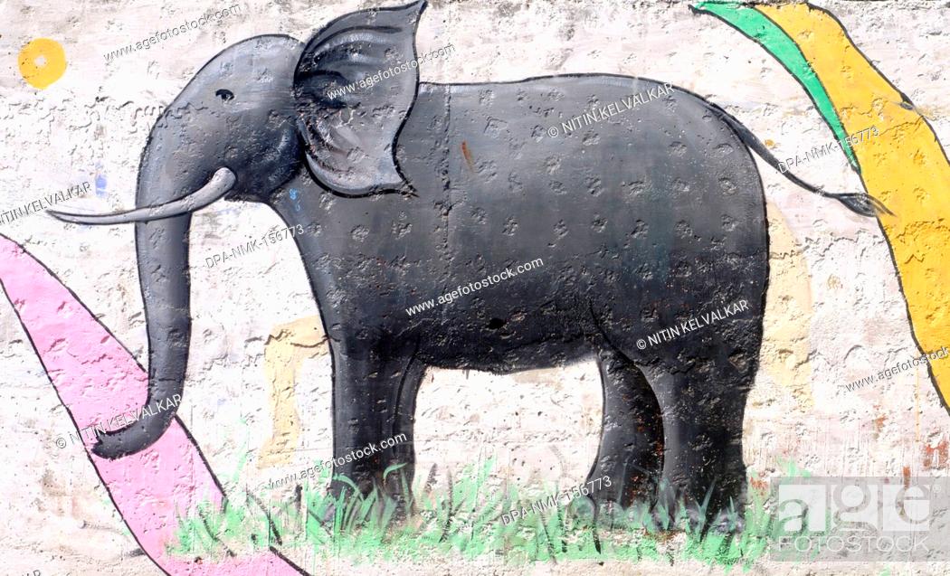 Elephant wild animal painted on wall of Rajiv Gandhi Zoological park ;  Katraj ; Pune ; Maharashtra ;..., Stock Photo, Picture And Rights Managed  Image. Pic. DPA-NMK-156773 | agefotostock
