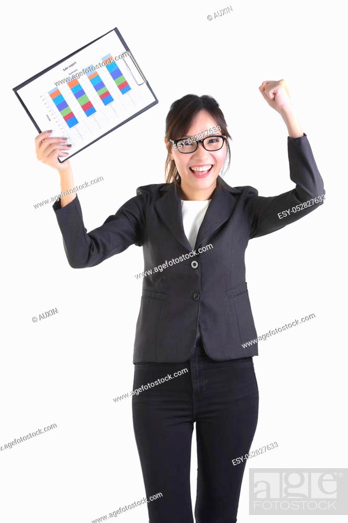 Stock Photo: Business women in business suit holding black folder with paperwork on pure white background.