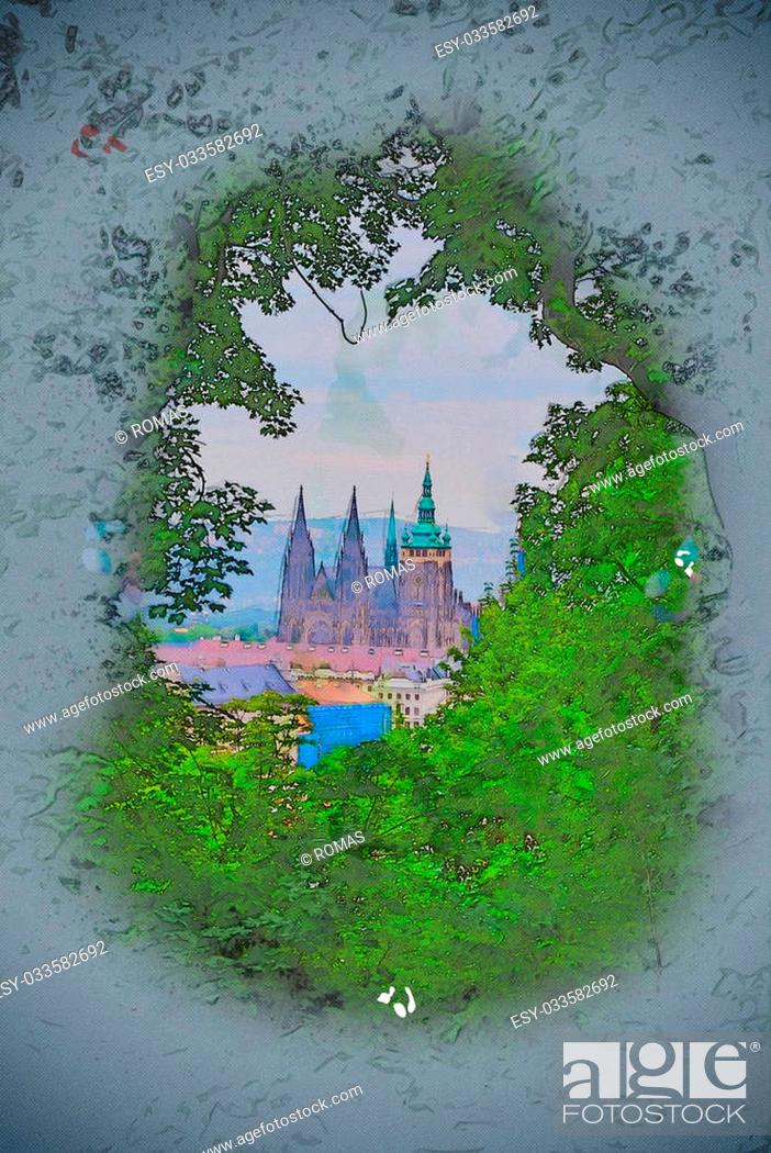 Stock Photo: St. Vitus Cathedral seen from a hill, Prague. Vintage painting, background illustration, beautiful picture, travel texture.